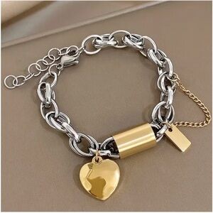 Chunky Thick Chain Silver & Gold Bracelet with Heart & Lock Pendant